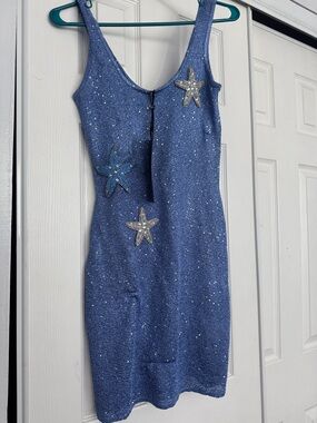 Blue Sequin Starfish Knit Tank Dress